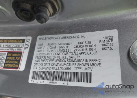 2020 Honda Cr-V Awd Ex-L из США, поврежденный, VIN 5J6RW2H80LL040684